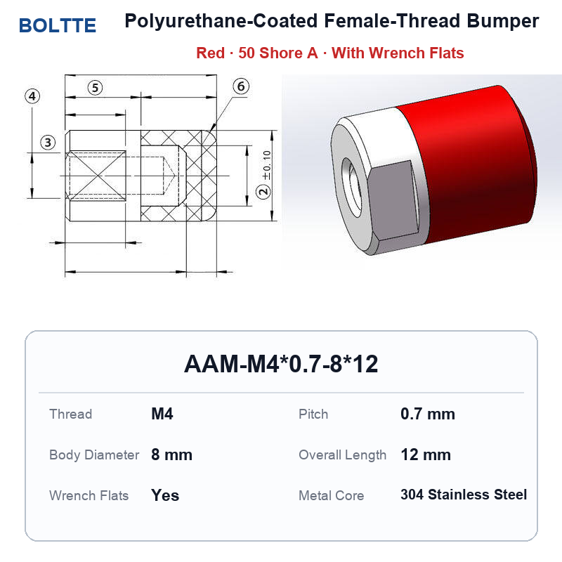 Red 50 Shore A - M4*0.7-8*12 polyurethane-coated female-thread bumper
