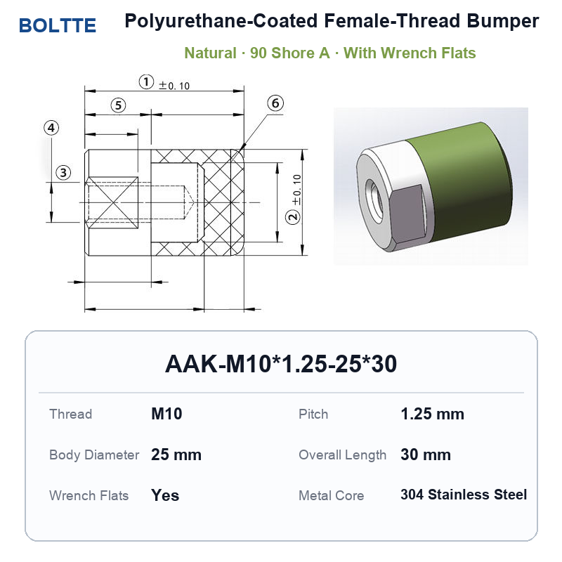 Natural 90 Shore A - M10*1.25-25*30 polyurethane-coated female-thread bumper