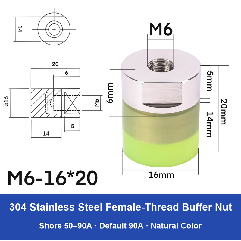 Female Thread M6 – Ø16 × 20 mm, 304 stainless steel polyurethane-coated buffer component
