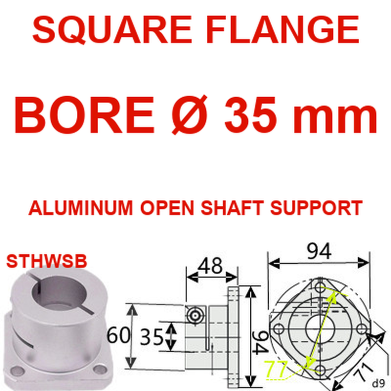 STHWSB square flange aluminum open shaft support, 35 mm bore