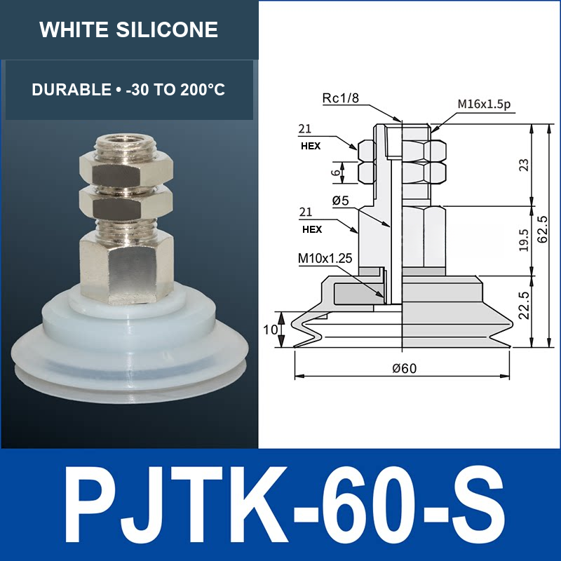 PJTK-60-S PJTK 60 mm vacuum cup assembly, white silicone, with product view and dimensional drawing