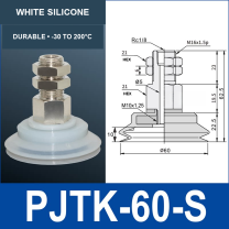 PJTK-60-S PJTK 60 mm vacuum cup assembly, white silicone, with product view and dimensional drawing