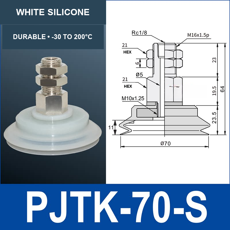 PJTK-70-S PJTK 70 mm vacuum cup assembly, white silicone, with product view and dimensional drawing