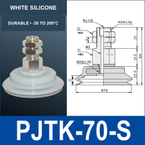 PJTK-70-S PJTK 70 mm vacuum cup assembly, white silicone, with product view and dimensional drawing