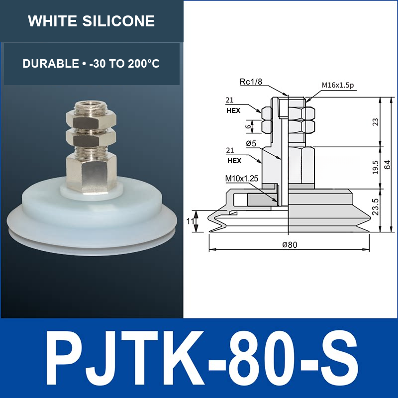 PJTK-80-S PJTK 80 mm vacuum cup assembly, white silicone, with product view and dimensional drawing