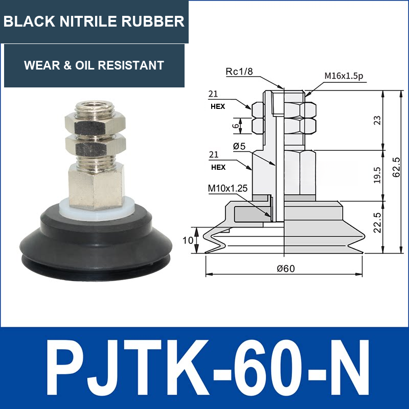 PJTK-60-N PJTK 60 mm vacuum cup assembly, black nitrile rubber, with product view and dimensional drawing