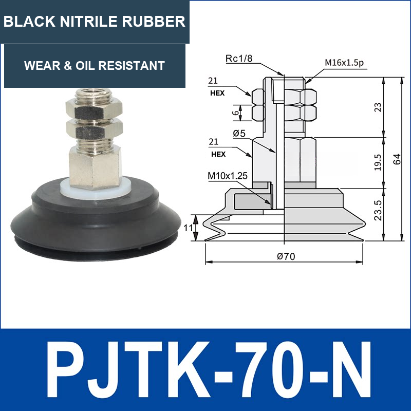 PJTK-70-N PJTK 70 mm vacuum cup assembly, black nitrile rubber, with product view and dimensional drawing