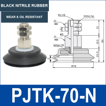 PJTK-70-N PJTK 70 mm vacuum cup assembly, black nitrile rubber, with product view and dimensional drawing