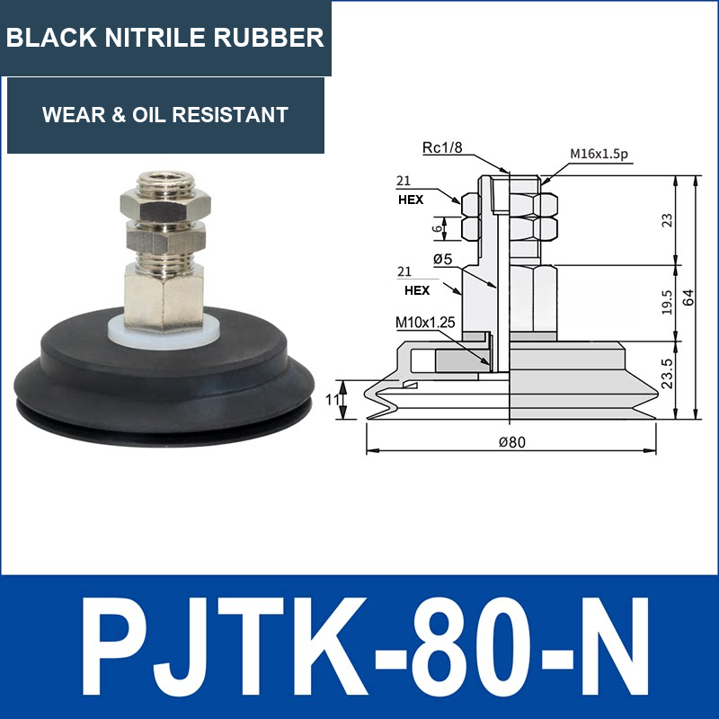 PJTK-80-N PJTK 80 mm vacuum cup assembly, black nitrile rubber, with product view and dimensional drawing