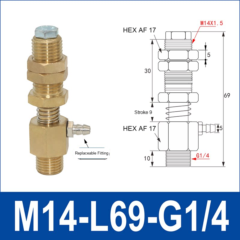 M14-L69-G1/4 Male Thread – Buffer 6, Nickel-Plated Brass, buffer 6 vacuum cup holder or buffer mount, G1/4 connection, nickel-plated brass, with technical dimensions