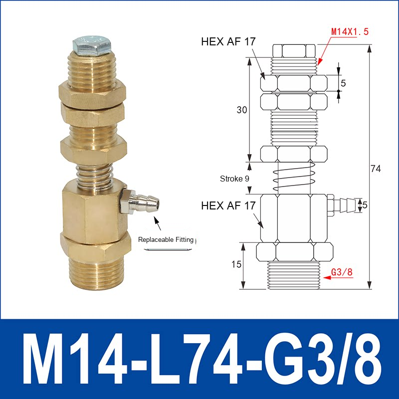 M14-L74-G3/8 Male Thread – Buffer 6, Nickel-Plated Brass, buffer 6 vacuum cup holder or buffer mount, G3/8 connection, nickel-plated brass, with technical dimensions