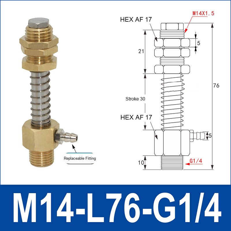 M14-L76-G1/4 Male Thread – Buffer 22, Stainless Steel, buffer 22 vacuum cup holder or buffer mount, G1/4 connection, stainless steel, with technical dimensions