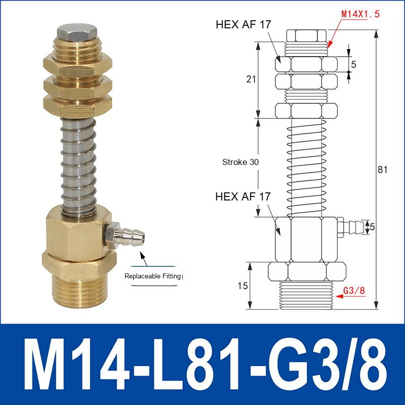 M14-L81-G3/8 Male Thread – Buffer 22, Stainless Steel, buffer 22 vacuum cup holder or buffer mount, G3/8 connection, stainless steel, with technical dimensions