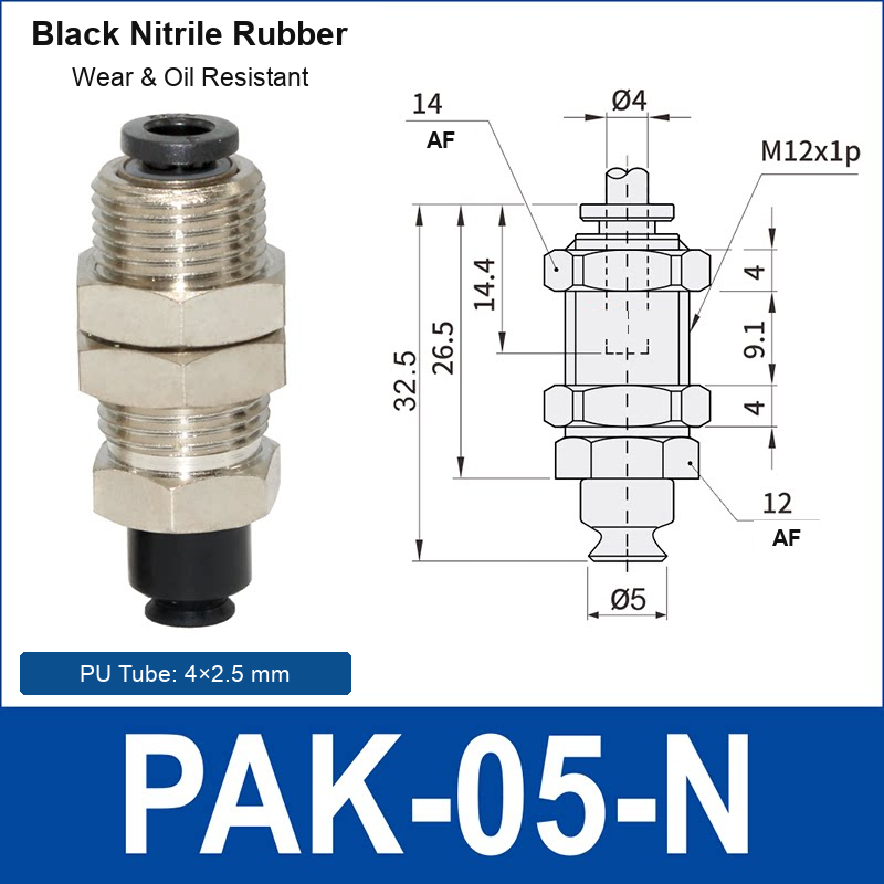PAK-05-N – 5 mm, black nitrile rubber, M12 AF, black nitrile rubber side-port vacuum cup, M12 mount, PT1/8 port, HEX AF 12 mm, 4×2.5 mm tube, with dimensions