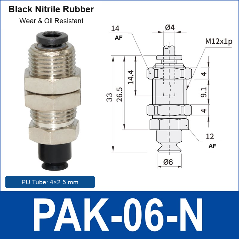 PAK-06-N – 6 mm, black nitrile rubber, M12 AF, black nitrile rubber side-port vacuum cup, M12 mount, PT1/8 port, HEX AF 12 mm, 4×2.5 mm tube, with dimensions