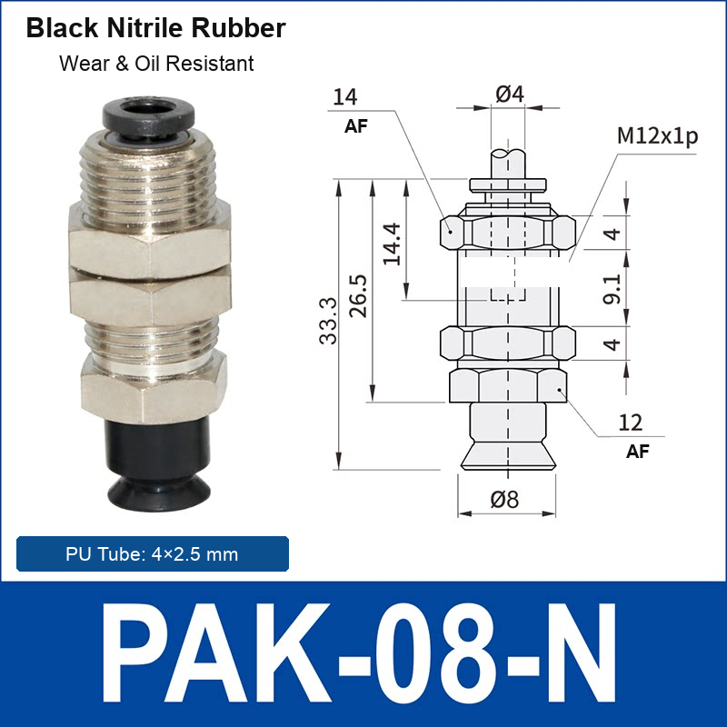 PAK-08-N – 8 mm, black nitrile rubber, M12 AF, black nitrile rubber side-port vacuum cup, M12 mount, PT1/8 port, HEX AF 12 mm, 4×2.5 mm tube, with dimensions
