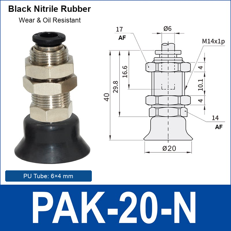 PAK-20-N – 20 mm, black nitrile rubber, M14 AF, black nitrile rubber side-port vacuum cup, M14 mount, PT1/8 port, HEX AF 14 mm, 6×4 mm tube, with dimensions