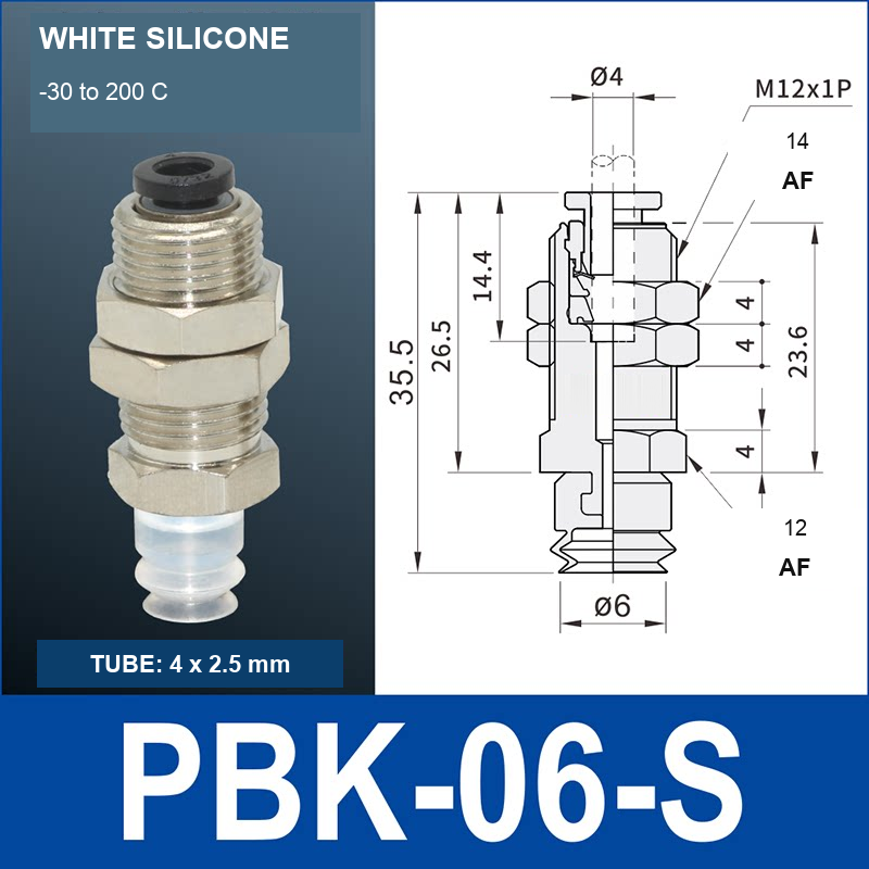 PBK-06-S PBK vacuum cup holder, 6 mm white silicone, M12×1.0, 4×2.5 mm tubing, with technical dimensions