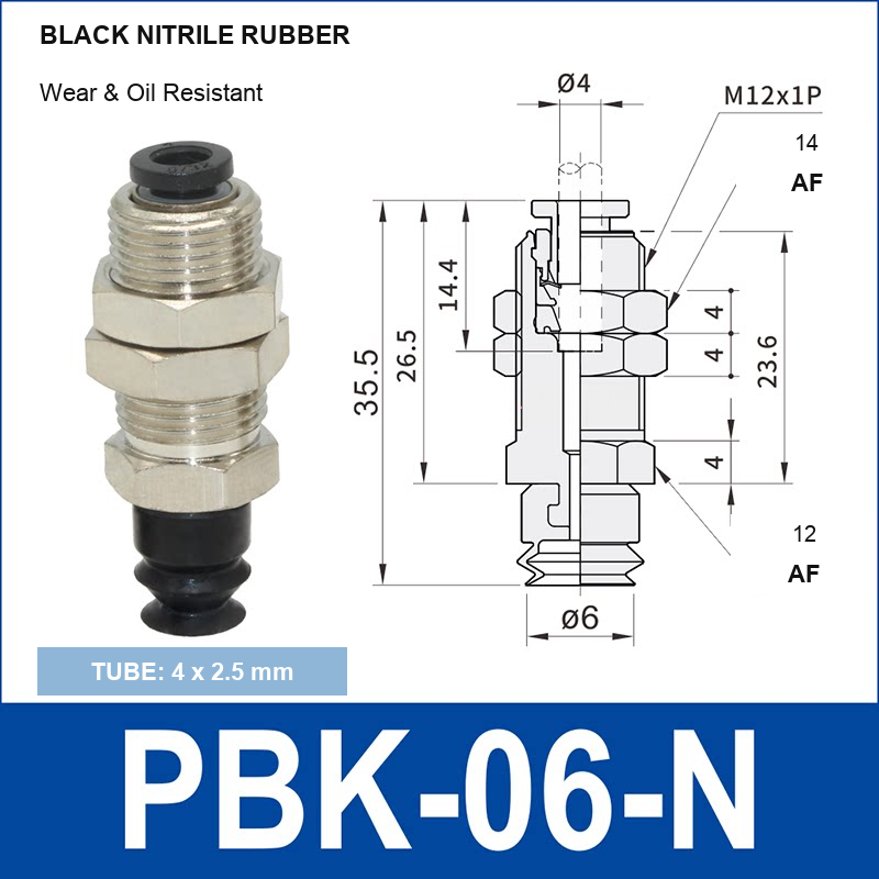 PBK-06-N PBK vacuum cup holder, 6 mm black nitrile rubber, M12×1.0, 4×2.5 mm tubing, with technical dimensions