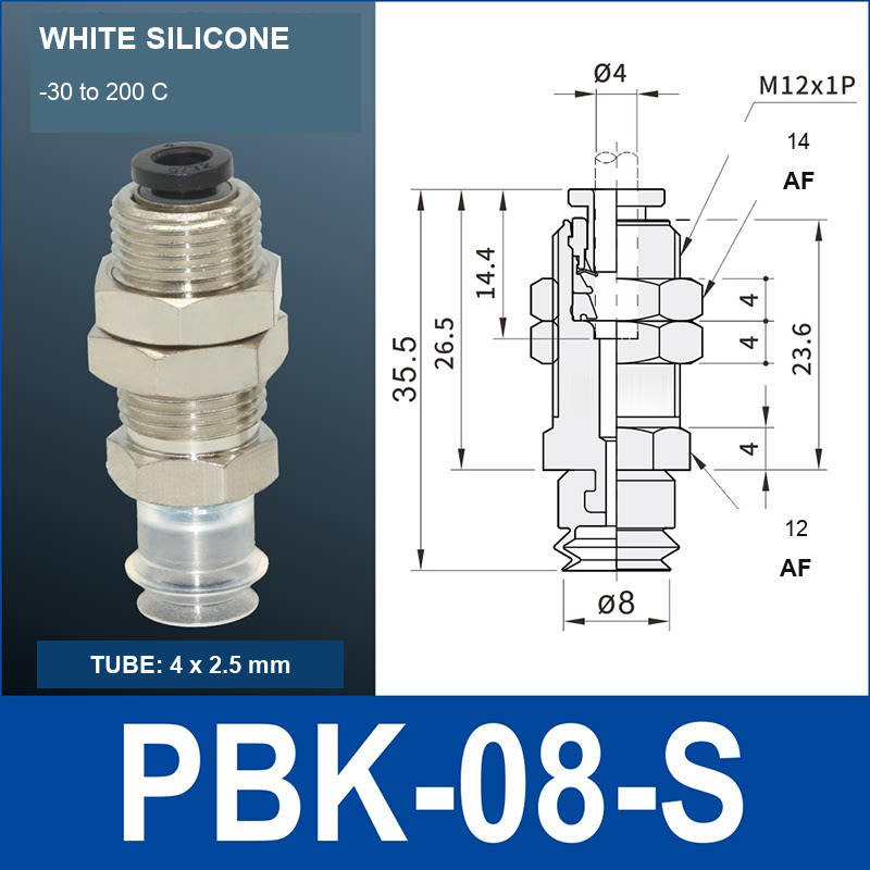 PBK-08-S PBK vacuum cup holder, 8 mm white silicone, M12×1.0, 4×2.5 mm tubing, with technical dimensions