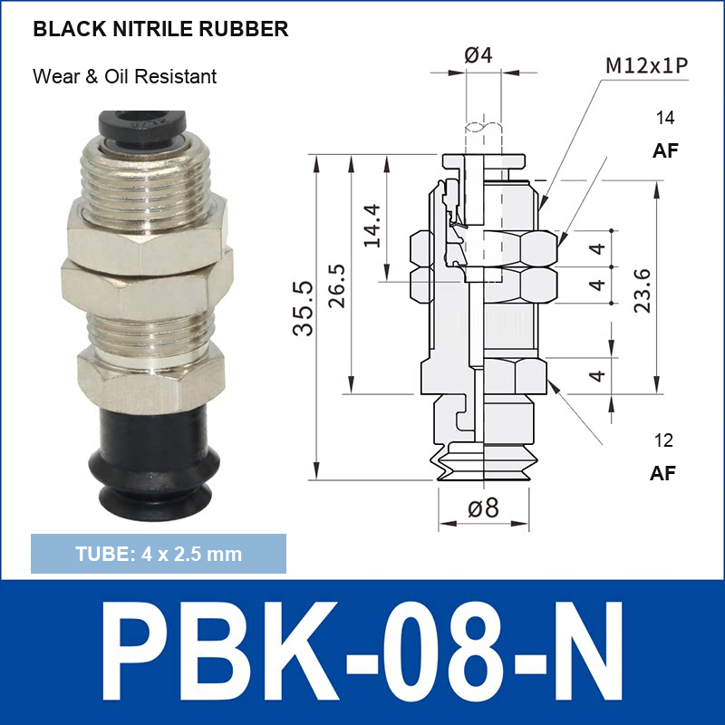 PBK-08-N PBK vacuum cup holder, 8 mm black nitrile rubber, M12×1.0, 4×2.5 mm tubing, with technical dimensions