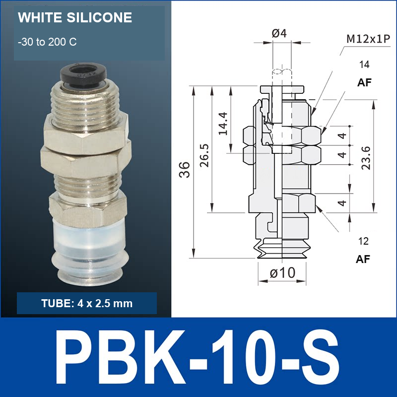 PBK-10-S PBK vacuum cup holder, 10 mm white silicone, M12×1.0, 4×2.5 mm tubing, with technical dimensions