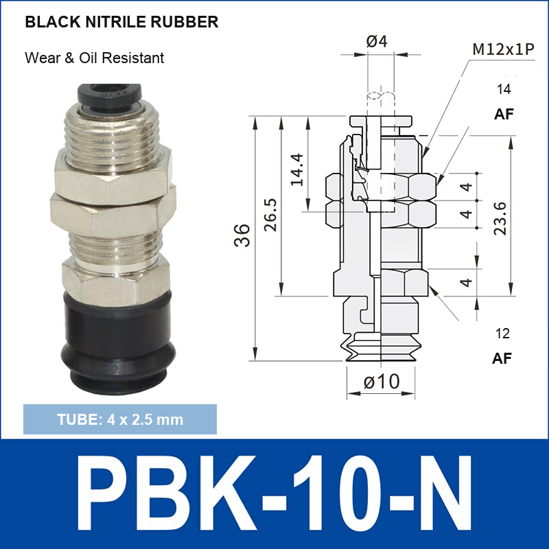 PBK-10-N PBK vacuum cup holder, 10 mm black nitrile rubber, M12×1.0, 4×2.5 mm tubing, with technical dimensions