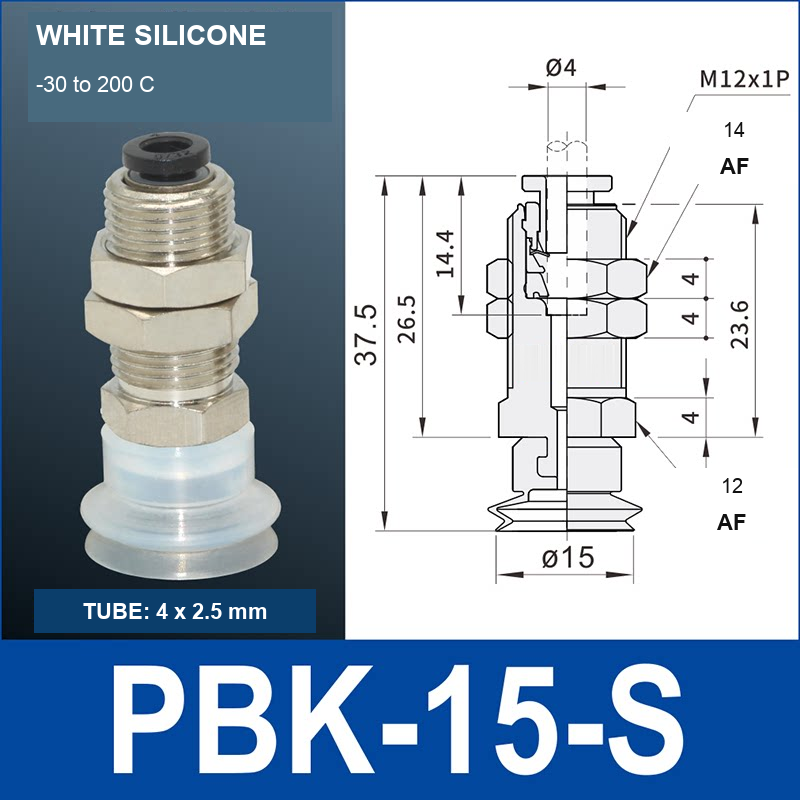 PBK-15-S PBK vacuum cup holder, 15 mm white silicone, M12×1.0, 4×2.5 mm tubing, with technical dimensions