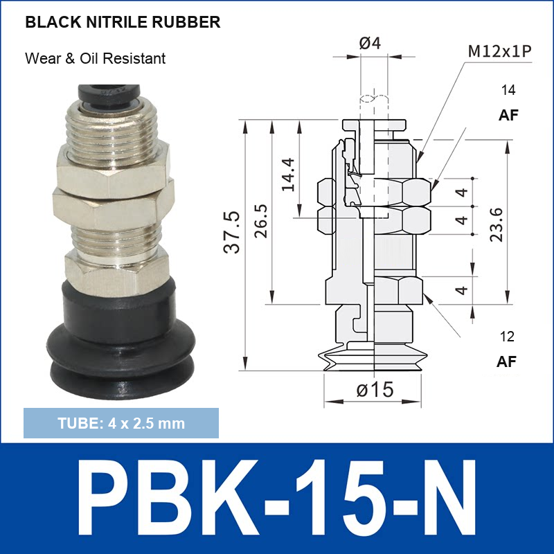 PBK-15-N PBK vacuum cup holder, 15 mm black nitrile rubber, M12×1.0, 4×2.5 mm tubing, with technical dimensions