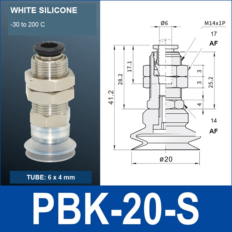 PBK-20-S PBK vacuum cup holder, 20 mm white silicone, M14×1.0, 6×4 mm tubing, with technical dimensions