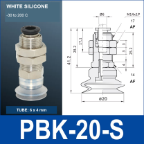 PBK-20-S PBK vacuum cup holder, 20 mm white silicone, M14×1.0, 6×4 mm tubing, with technical dimensions