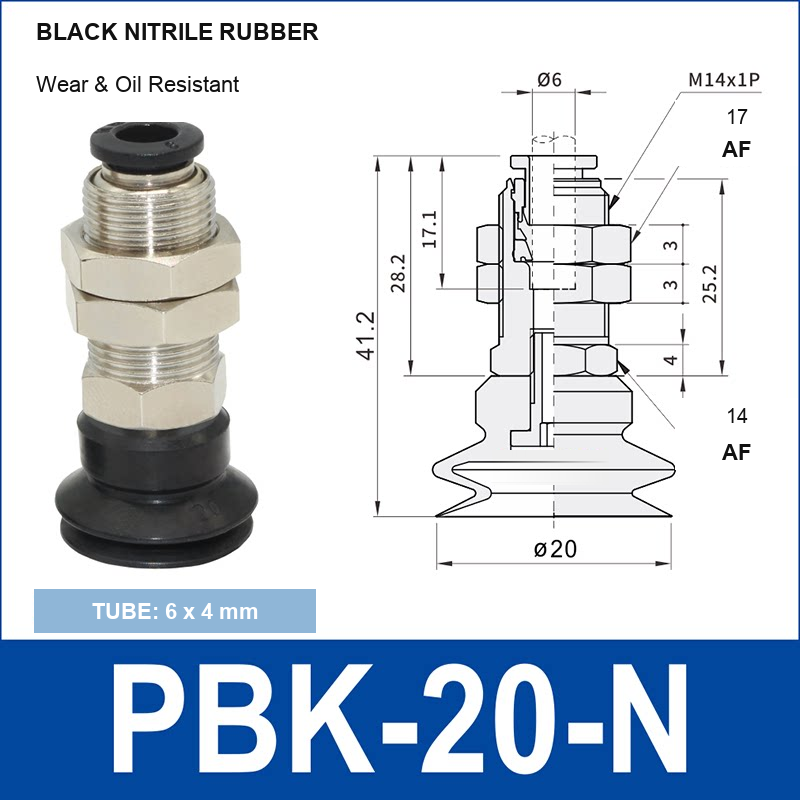 PBK-20-N PBK vacuum cup holder, 20 mm black nitrile rubber, M14×1.0, 6×4 mm tubing, with technical dimensions