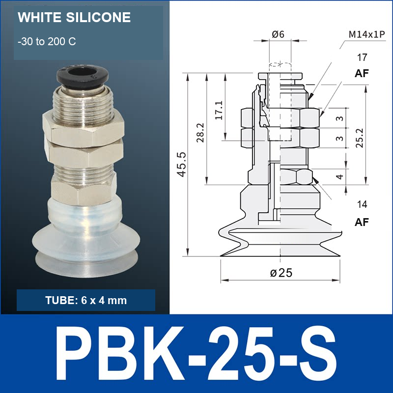 PBK-25-S PBK vacuum cup holder, 25 mm white silicone, M14×1.0, 6×4 mm tubing, with technical dimensions