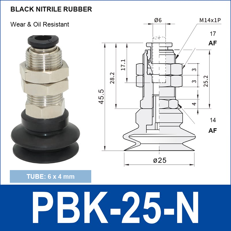 PBK-25-N PBK vacuum cup holder, 25 mm black nitrile rubber, M14×1.0, 6×4 mm tubing, with technical dimensions