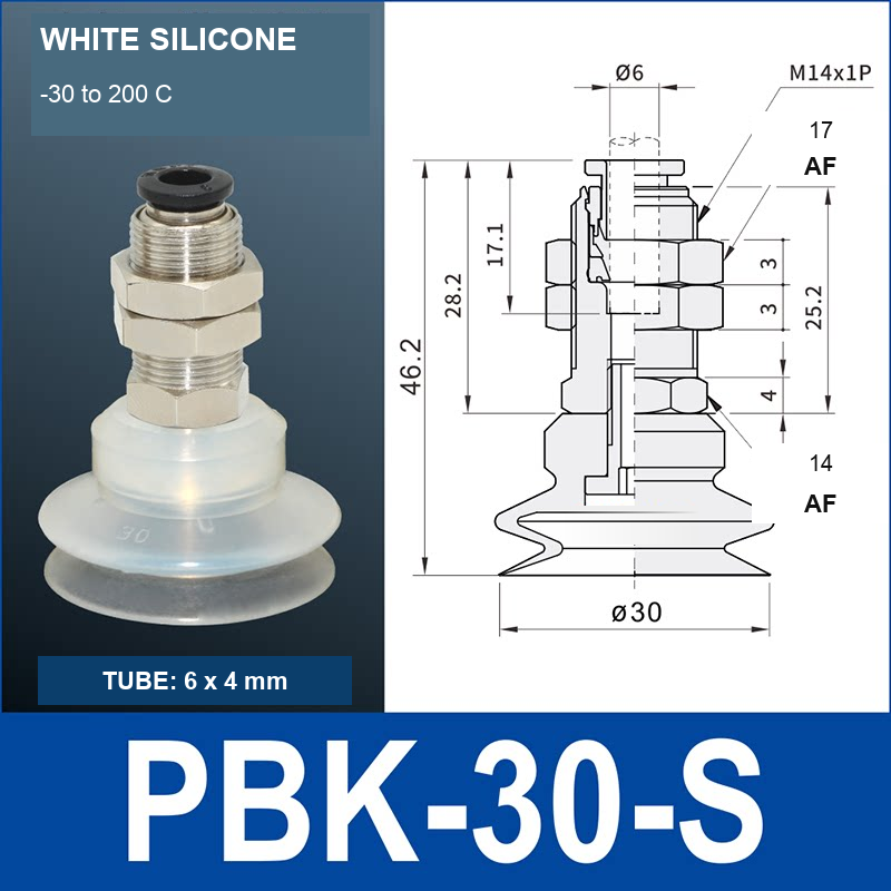 PBK-30-S PBK vacuum cup holder, 30 mm white silicone, M14×1.0, 6×4 mm tubing, with technical dimensions