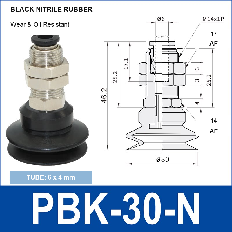 PBK-30-N PBK vacuum cup holder, 30 mm black nitrile rubber, M14×1.0, 6×4 mm tubing, with technical dimensions