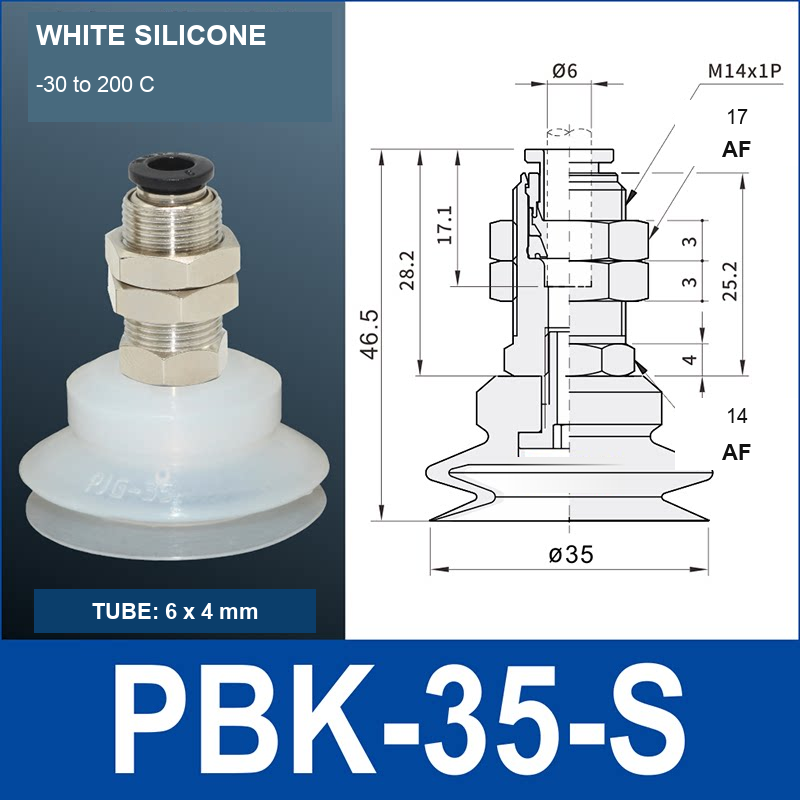 PBK-35-S PBK vacuum cup holder, 35 mm white silicone, M14×1.0, 6×4 mm tubing, with technical dimensions