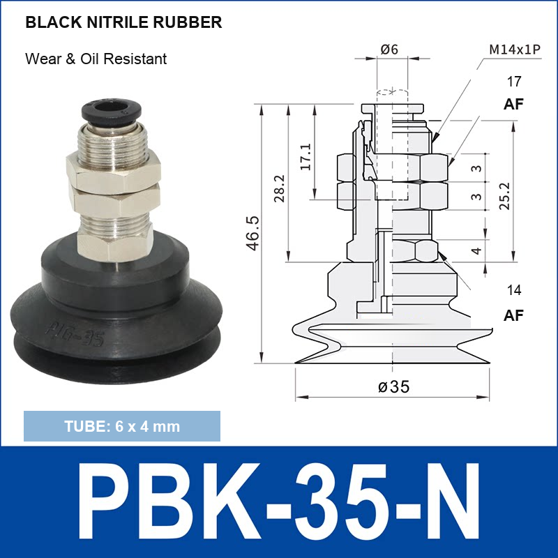 PBK-35-N PBK vacuum cup holder, 35 mm black nitrile rubber, M14×1.0, 6×4 mm tubing, with technical dimensions