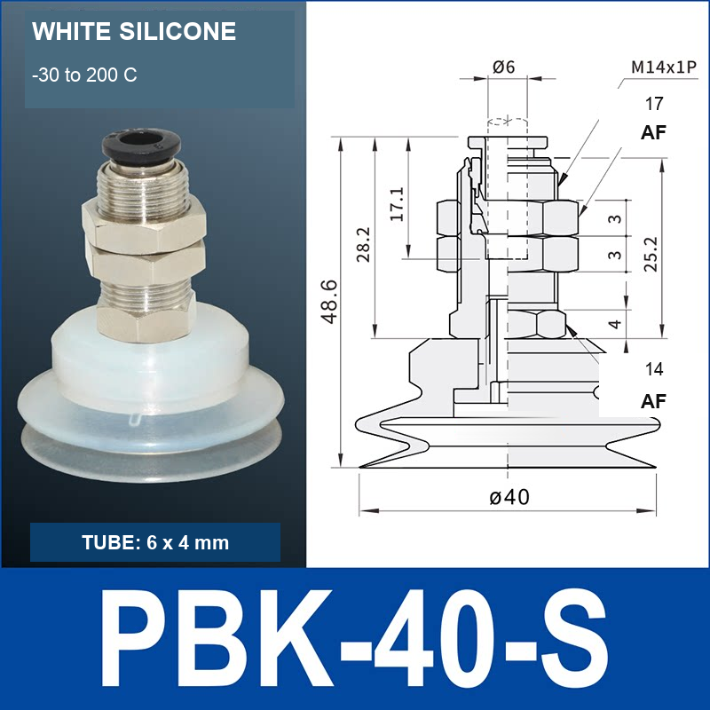 PBK-40-S PBK vacuum cup holder, 40 mm white silicone, M14×1.0, 6×4 mm tubing, with technical dimensions