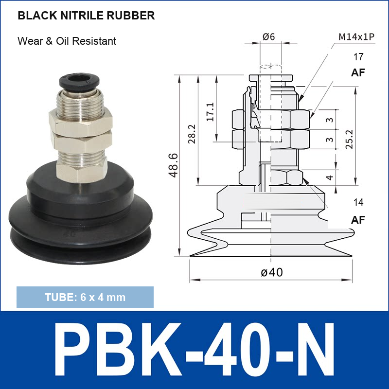 PBK-40-N PBK vacuum cup holder, 40 mm black nitrile rubber, M14×1.0, 6×4 mm tubing, with technical dimensions