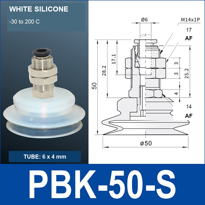 PBK-50-S PBK vacuum cup holder, 50 mm white silicone, M14×1.0, 6×4 mm tubing, with technical dimensions