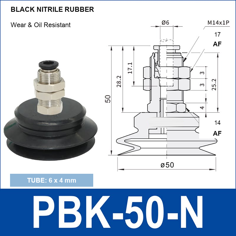 PBK-50-N PBK vacuum cup holder, 50 mm black nitrile rubber, M14×1.0, 6×4 mm tubing, with technical dimensions