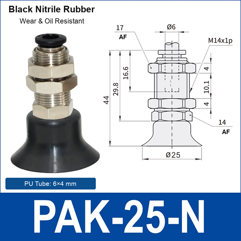 PAK-25-N – 25 mm, black nitrile rubber, M14 AF, black nitrile rubber side-port vacuum cup, M14 mount, PT1/8 port, HEX AF 14 mm, 6×4 mm tube, with dimensions