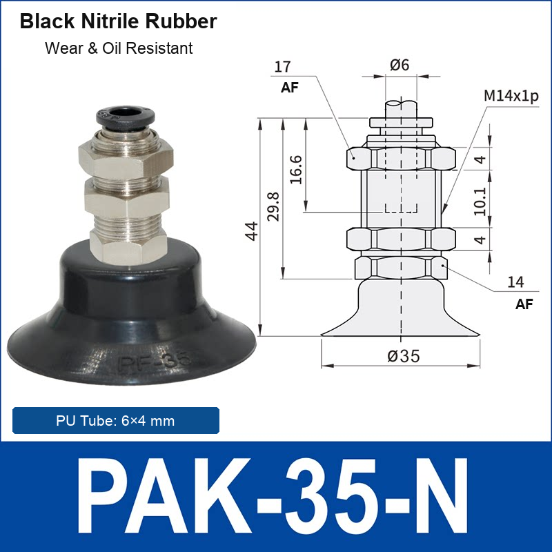 PAK-35-N – 35 mm, black nitrile rubber, M14 AF, black nitrile rubber side-port vacuum cup, M14 mount, PT1/8 port, HEX AF 14 mm, 6×4 mm tube, with dimensions