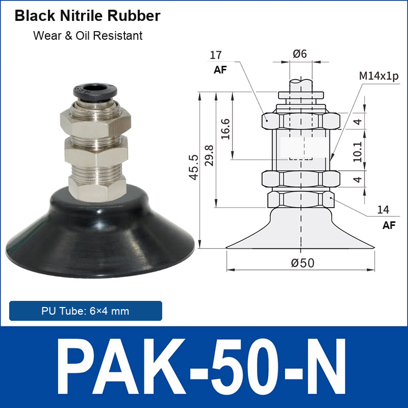 PAK-50-N – 50 mm, black nitrile rubber, M14 AF, black nitrile rubber side-port vacuum cup, M14 mount, PT1/8 port, HEX AF 14 mm, 6×4 mm tube, with dimensions
