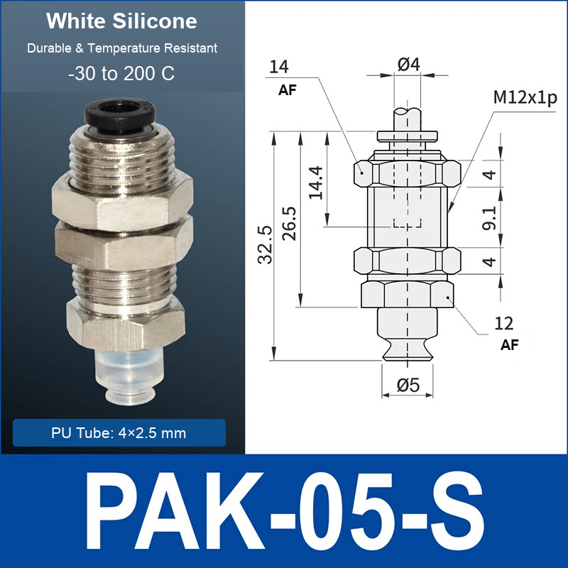 PAK-05-S – 5 mm, translucent white silicone, M12 AF, translucent white silicone side-port vacuum cup, M12 mount, PT1/8 port, HEX AF 12 mm, 4×2.5 mm tube, with dimensions