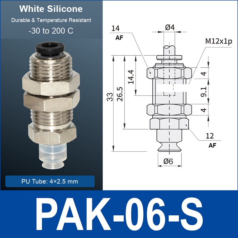 PAK-06-S – 6 mm, translucent white silicone, M12 AF, translucent white silicone side-port vacuum cup, M12 mount, PT1/8 port, HEX AF 12 mm, 4×2.5 mm tube, with dimensions