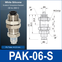 PAK-06-S – 6 mm, translucent white silicone, M12 AF, translucent white silicone side-port vacuum cup, M12 mount, PT1/8 port, HEX AF 12 mm, 4×2.5 mm tube, with dimensions
