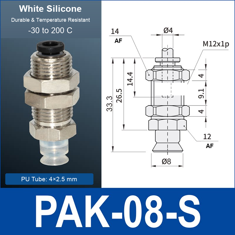 PAK-08-S – 8 mm, translucent white silicone, M12 AF, translucent white silicone side-port vacuum cup, M12 mount, PT1/8 port, HEX AF 12 mm, 4×2.5 mm tube, with dimensions