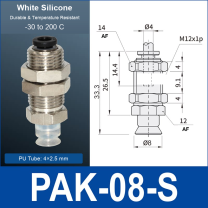PAK-08-S – 8 mm, translucent white silicone, M12 AF, translucent white silicone side-port vacuum cup, M12 mount, PT1/8 port, HEX AF 12 mm, 4×2.5 mm tube, with dimensions